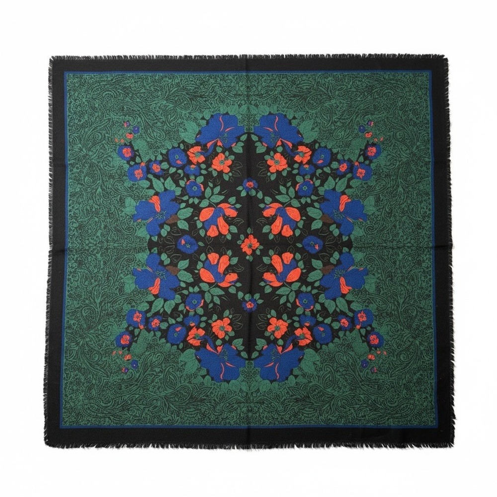 Vintage Green Paisley Floral Square Scarf Eyelash Fringe Black Border 30x30